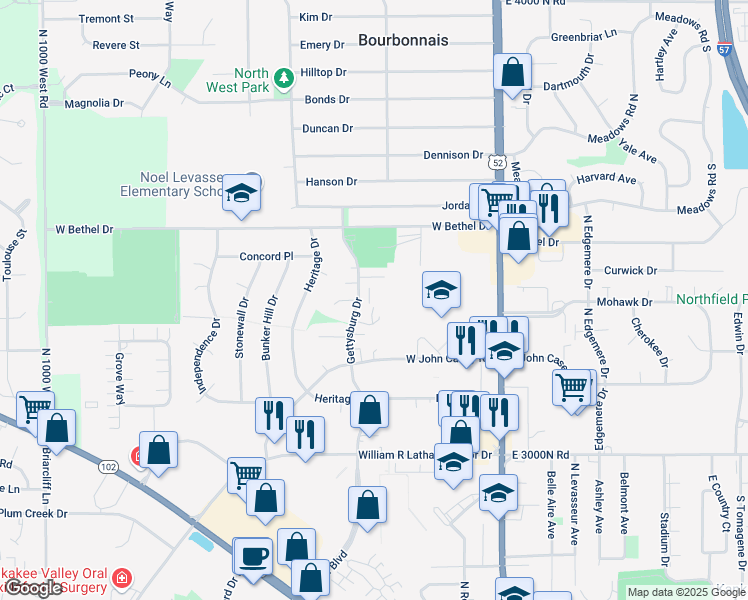 map of restaurants, bars, coffee shops, grocery stores, and more near 842 Gettysburg Drive in Bourbonnais