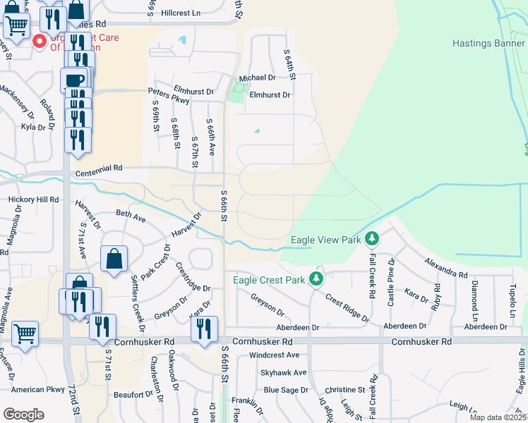 map of restaurants, bars, coffee shops, grocery stores, and more near 6602 Harvest Drive in Papillion