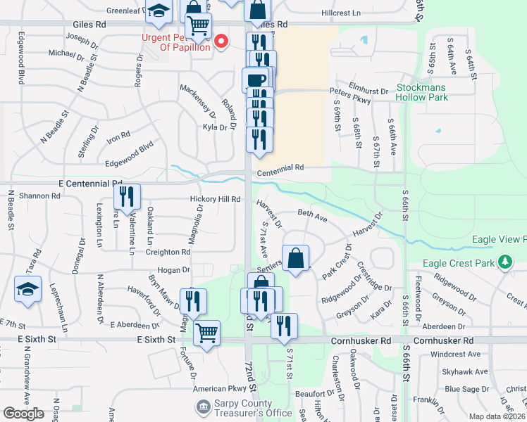 map of restaurants, bars, coffee shops, grocery stores, and more near 7151 Harvest Drive in Papillion