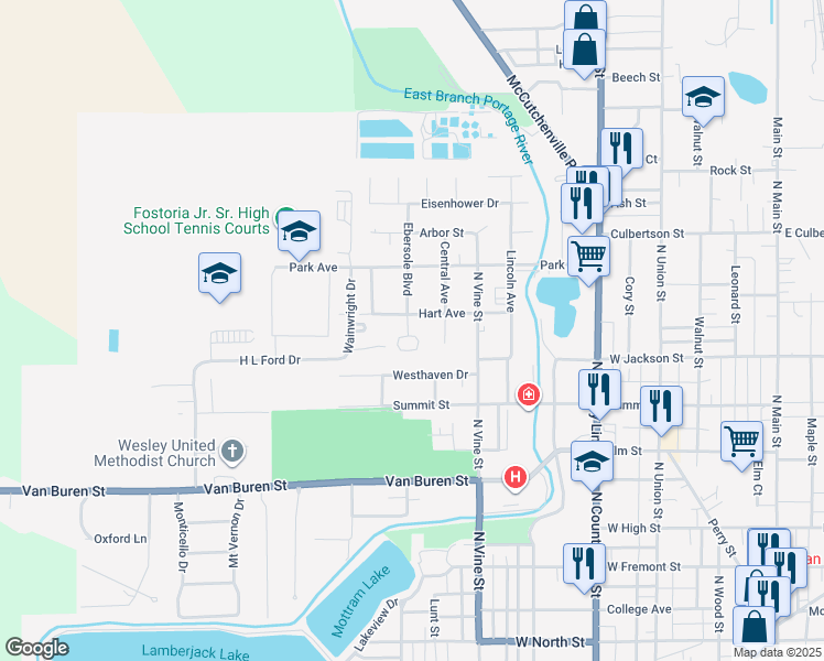 map of restaurants, bars, coffee shops, grocery stores, and more near 804 Oak Park Drive in Fostoria