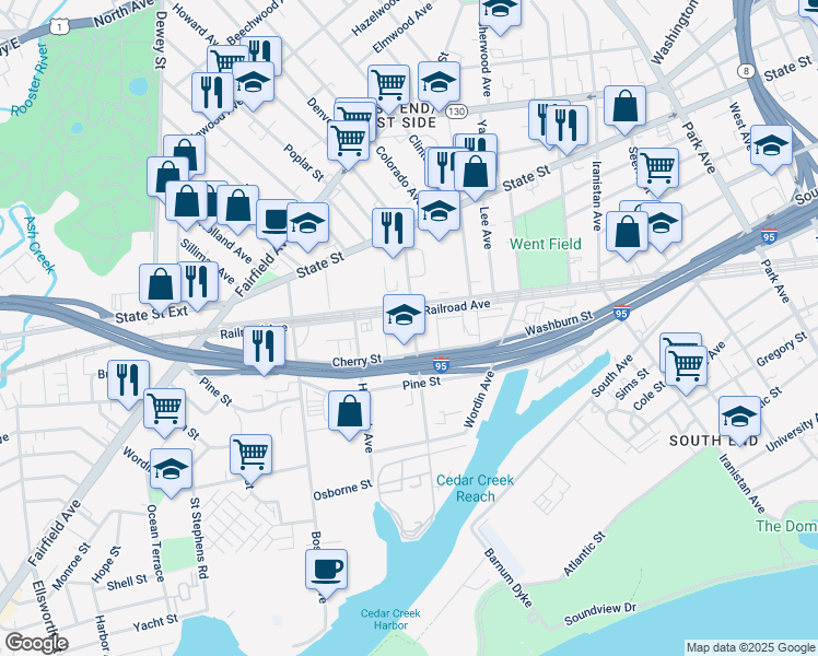 map of restaurants, bars, coffee shops, grocery stores, and more near 1289 Railroad Avenue in Bridgeport