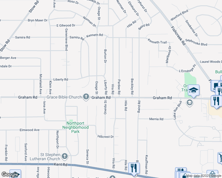 map of restaurants, bars, coffee shops, grocery stores, and more near 2447 Liberty Road in Stow