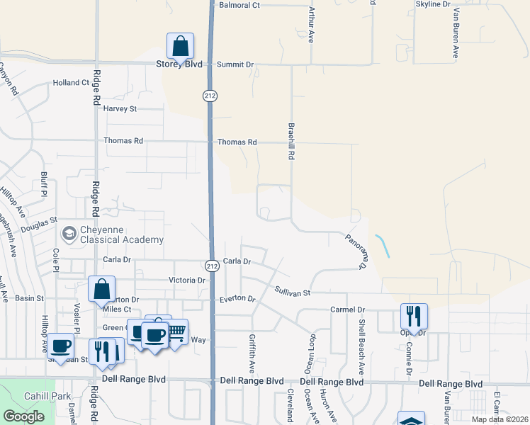 map of restaurants, bars, coffee shops, grocery stores, and more near 4214 Parkhill Road in Cheyenne