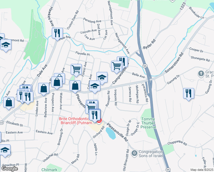 map of restaurants, bars, coffee shops, grocery stores, and more near 201 New York 133 in Ossining