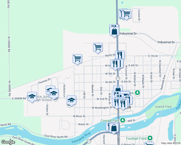 map of restaurants, bars, coffee shops, grocery stores, and more near 503 Market Street in Momence