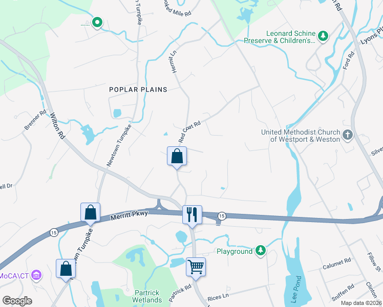 map of restaurants, bars, coffee shops, grocery stores, and more near 4 Winker Lane in Westport