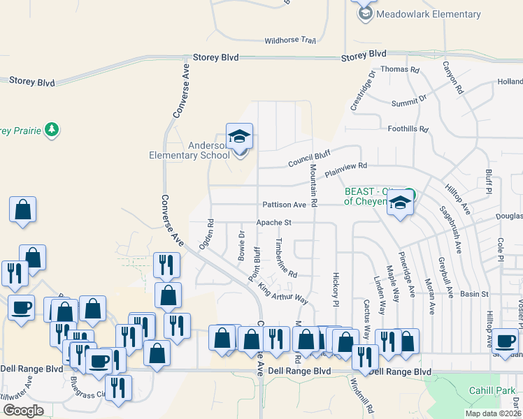 map of restaurants, bars, coffee shops, grocery stores, and more near 2301 Pattison Avenue in Cheyenne