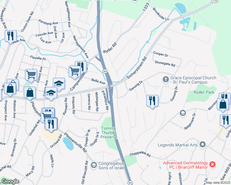map of restaurants, bars, coffee shops, grocery stores, and more near 6 Donald Lane in Ossining