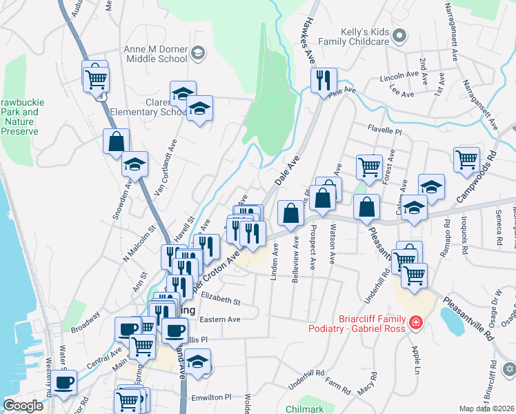 map of restaurants, bars, coffee shops, grocery stores, and more near 6 Glen Street in Ossining