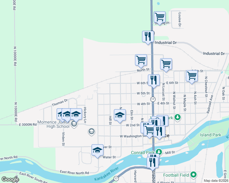 map of restaurants, bars, coffee shops, grocery stores, and more near 503 Market Street in Momence