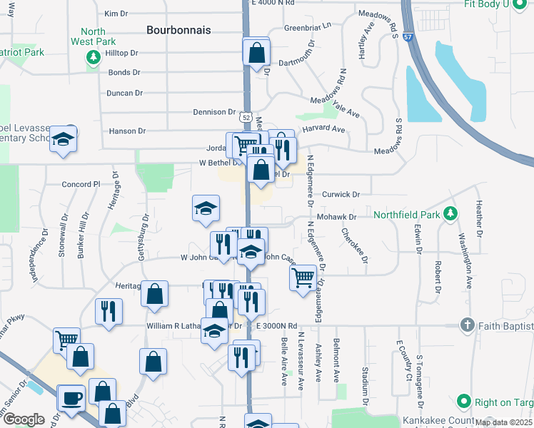 map of restaurants, bars, coffee shops, grocery stores, and more near 133 Mohawk Drive in Bourbonnais
