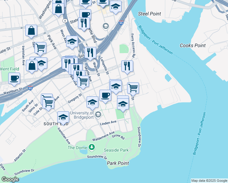 map of restaurants, bars, coffee shops, grocery stores, and more near 296 Lafayette Street in Bridgeport