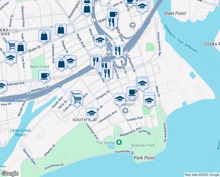 map of restaurants, bars, coffee shops, grocery stores, and more near in Bridgeport