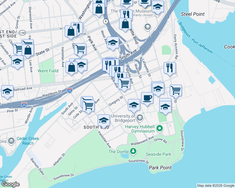 map of restaurants, bars, coffee shops, grocery stores, and more near 45 Park Terrace in Bridgeport