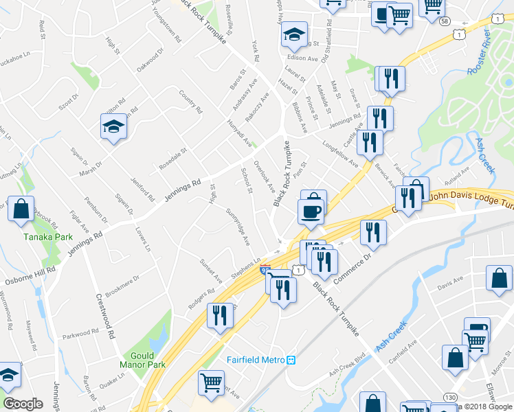 map of restaurants, bars, coffee shops, grocery stores, and more near 99 School Street in Fairfield