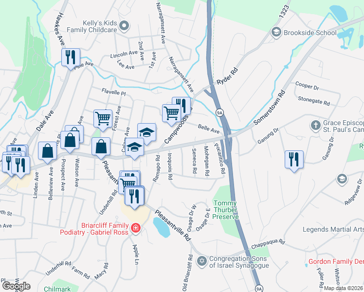 map of restaurants, bars, coffee shops, grocery stores, and more near 1 Mohawk Road in Ossining