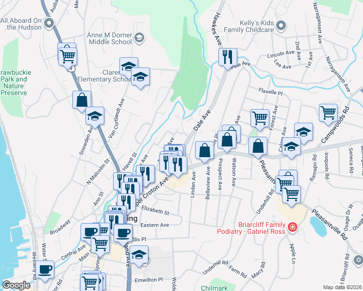 map of restaurants, bars, coffee shops, grocery stores, and more near 6 Glen Street in Ossining