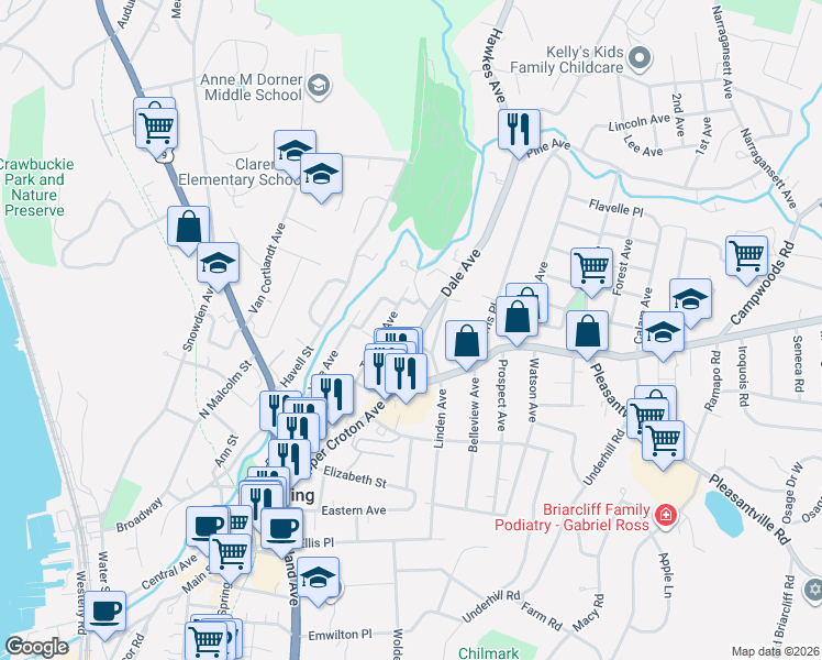 map of restaurants, bars, coffee shops, grocery stores, and more near 6 Glen Street in Ossining