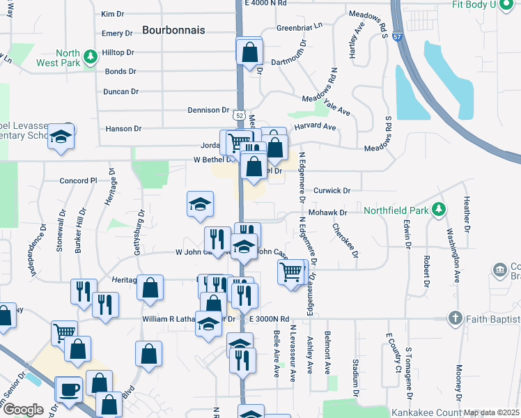 map of restaurants, bars, coffee shops, grocery stores, and more near 133 Mohawk Drive in Bourbonnais
