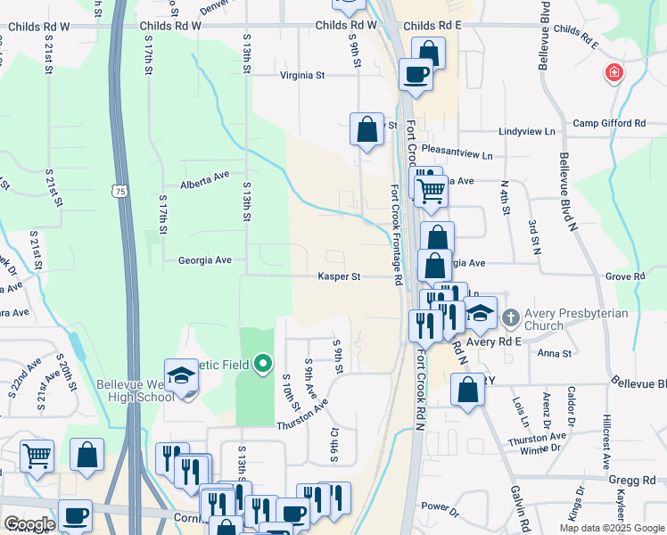 map of restaurants, bars, coffee shops, grocery stores, and more near 904 Kasper Street in Bellevue