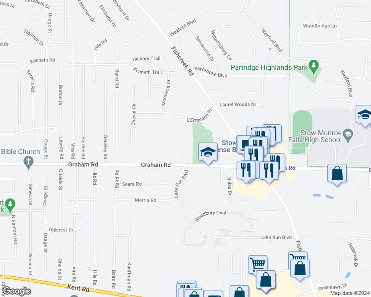 map of restaurants, bars, coffee shops, grocery stores, and more near 2871 Graham Road in Stow
