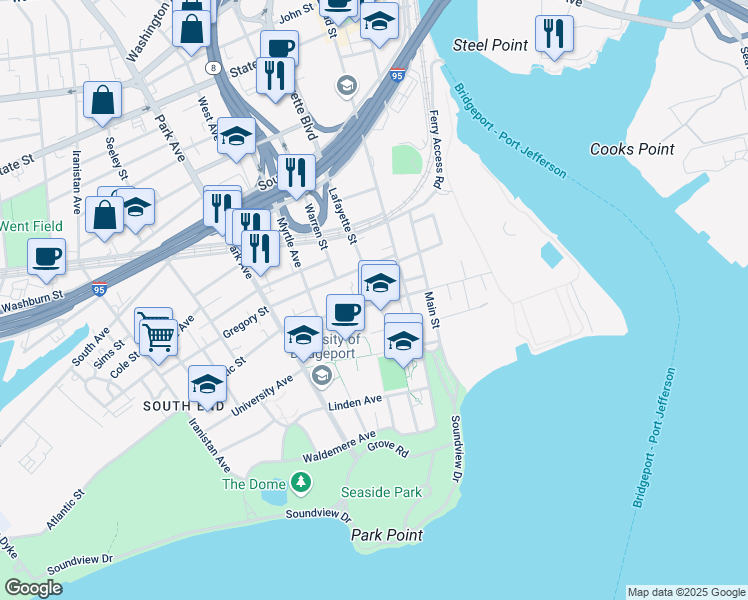 map of restaurants, bars, coffee shops, grocery stores, and more near 325 Lafayette Street in Bridgeport