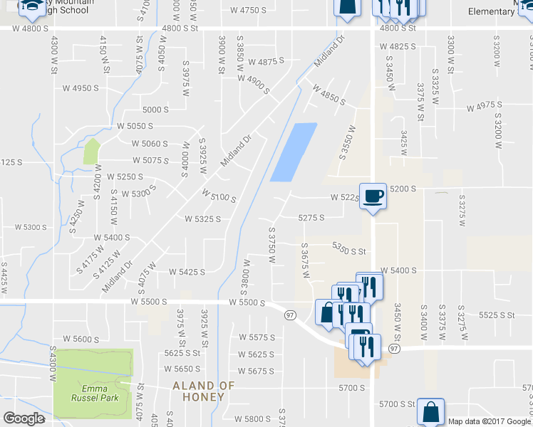 map of restaurants, bars, coffee shops, grocery stores, and more near 3766 West 5300 South in Roy