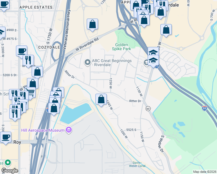map of restaurants, bars, coffee shops, grocery stores, and more near 5241 1250 West in Riverdale