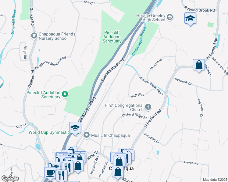 map of restaurants, bars, coffee shops, grocery stores, and more near 305 North Greeley Avenue in Chappaqua