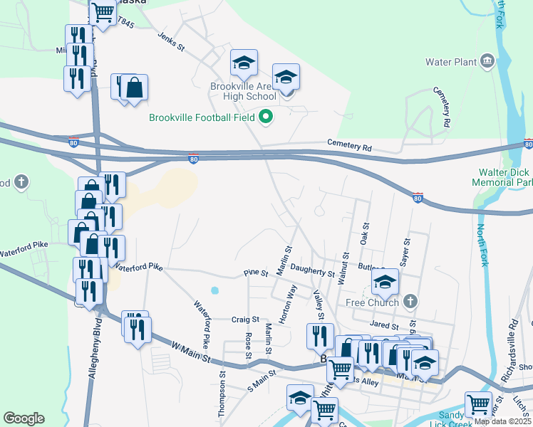 map of restaurants, bars, coffee shops, grocery stores, and more near 53 Jenks St in Brookville