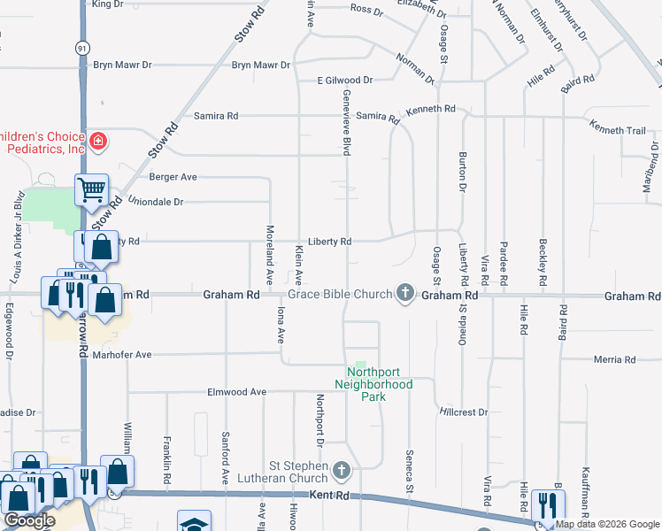 map of restaurants, bars, coffee shops, grocery stores, and more near 3861 Klein Avenue in Stow