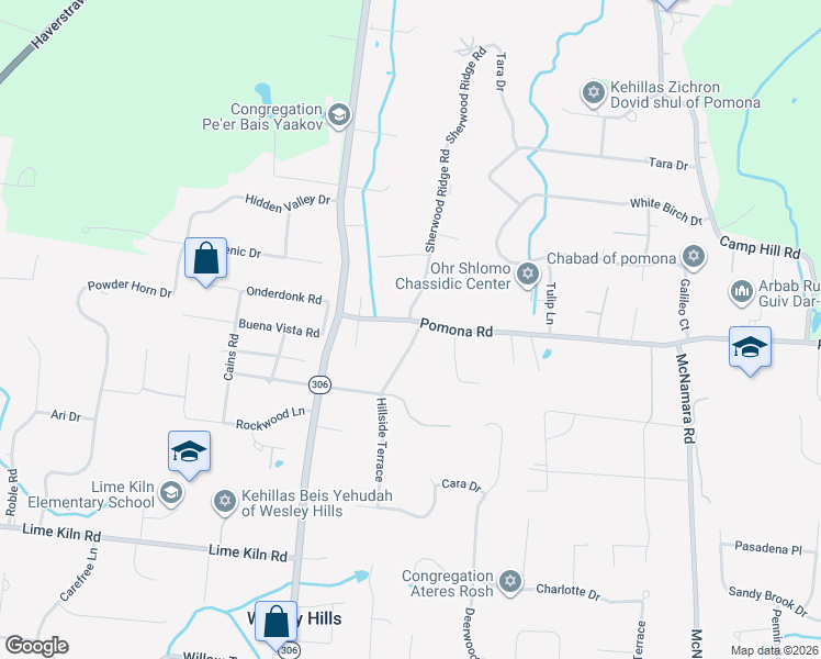 map of restaurants, bars, coffee shops, grocery stores, and more near 44 Old Pomona Road in Suffern