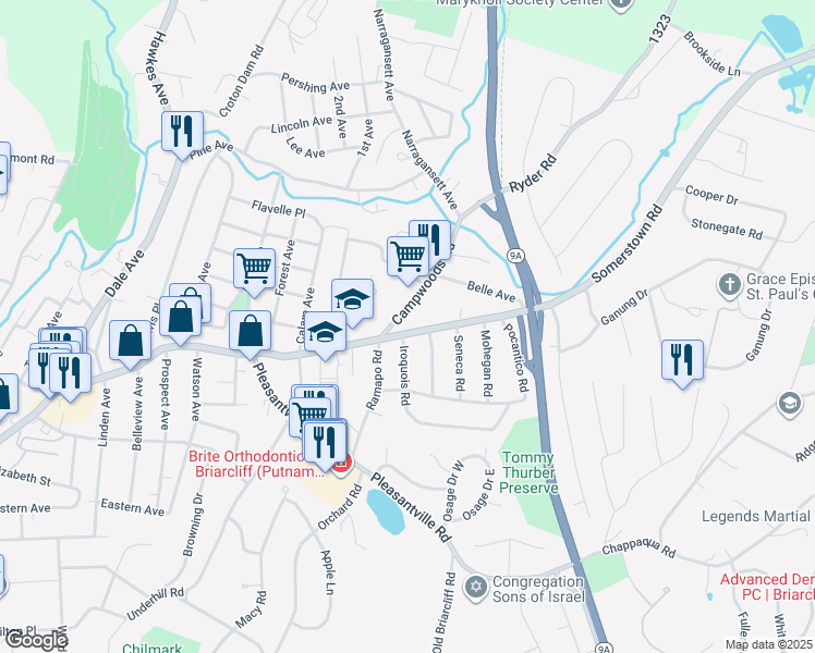 map of restaurants, bars, coffee shops, grocery stores, and more near 1 Iroquois Road in Ossining