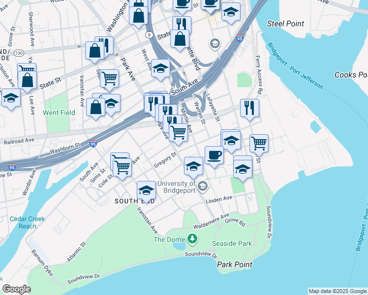 map of restaurants, bars, coffee shops, grocery stores, and more near in Bridgeport