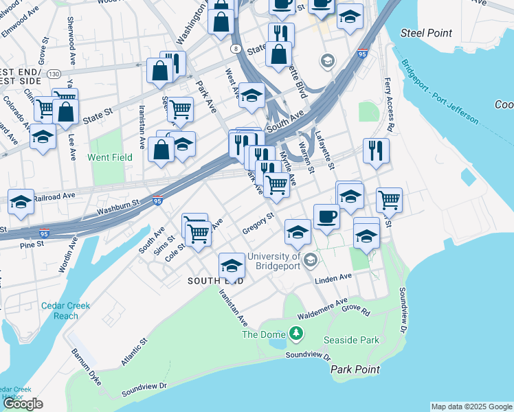 map of restaurants, bars, coffee shops, grocery stores, and more near 45 Park Terrace in Bridgeport