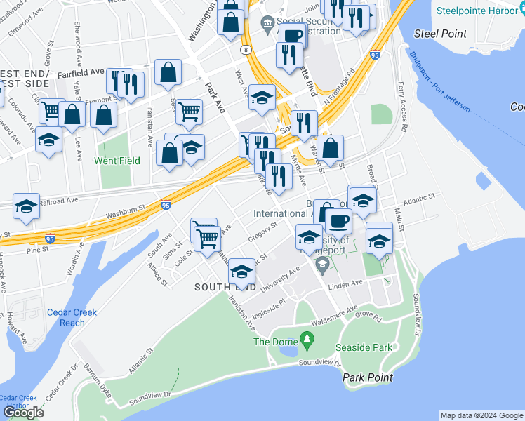 map of restaurants, bars, coffee shops, grocery stores, and more near 45 Park Terrace in Bridgeport