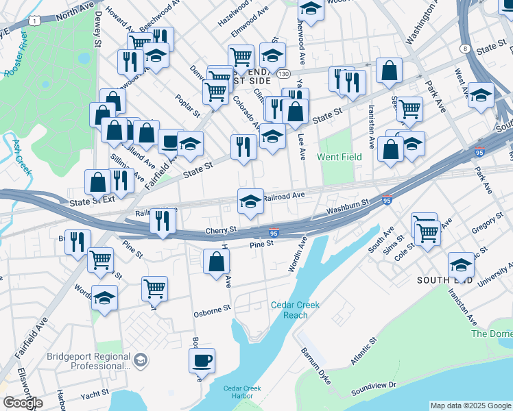 map of restaurants, bars, coffee shops, grocery stores, and more near 1289 Railroad Avenue in Bridgeport