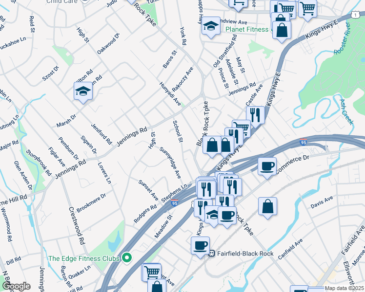 map of restaurants, bars, coffee shops, grocery stores, and more near 91 School Street in Fairfield
