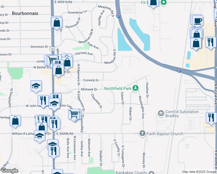 map of restaurants, bars, coffee shops, grocery stores, and more near 351 Mohawk Drive in Bourbonnais