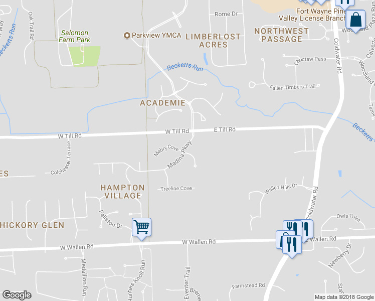 map of restaurants, bars, coffee shops, grocery stores, and more near 9304 Madina Parkway in Fort Wayne
