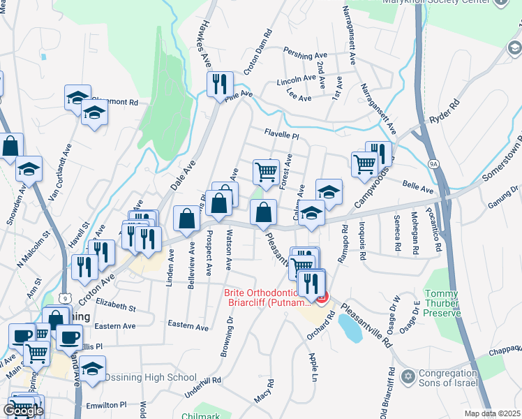 map of restaurants, bars, coffee shops, grocery stores, and more near 5 Sherman Place in Ossining