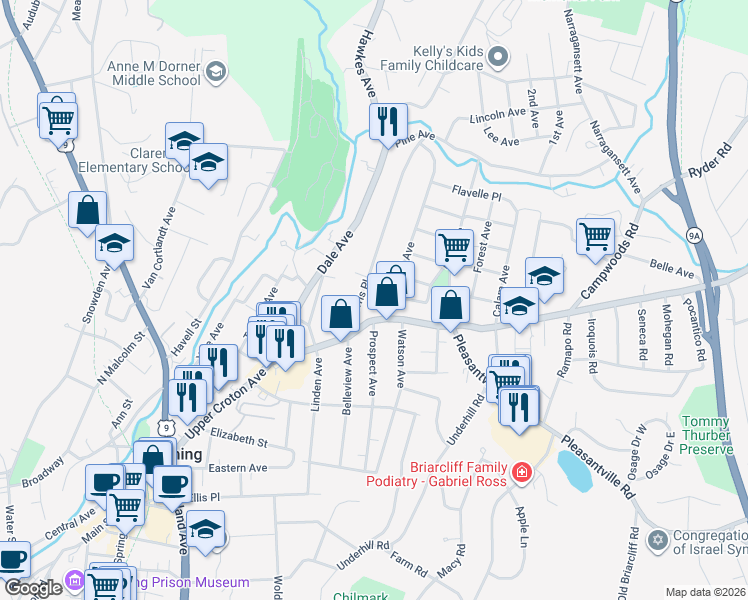 map of restaurants, bars, coffee shops, grocery stores, and more near 7 Sherwood Avenue in Ossining