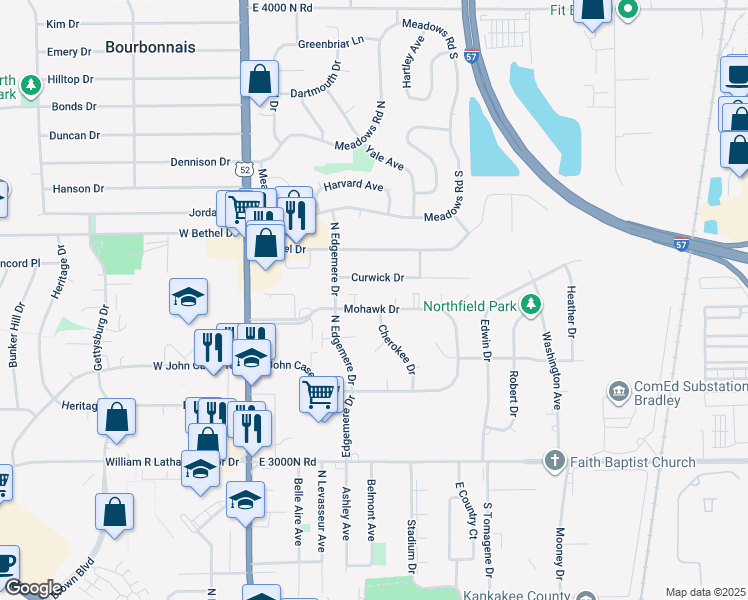 map of restaurants, bars, coffee shops, grocery stores, and more near 245 Mohawk Drive in Bourbonnais