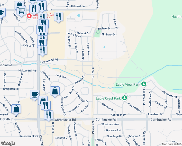 map of restaurants, bars, coffee shops, grocery stores, and more near 6602 Harvest Drive in Papillion