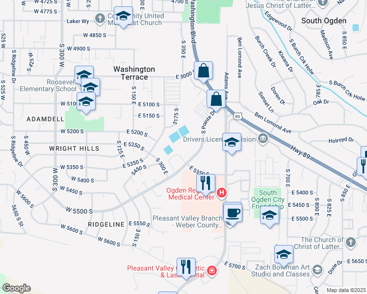 map of restaurants, bars, coffee shops, grocery stores, and more near 374 East 5450 South in Washington Terrace
