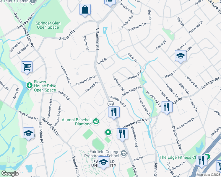 map of restaurants, bars, coffee shops, grocery stores, and more near 17 Nutmeg Lane in Fairfield
