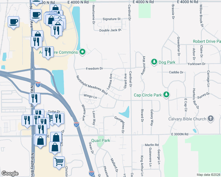map of restaurants, bars, coffee shops, grocery stores, and more near 1522 Lemna Avenue in Bourbonnais