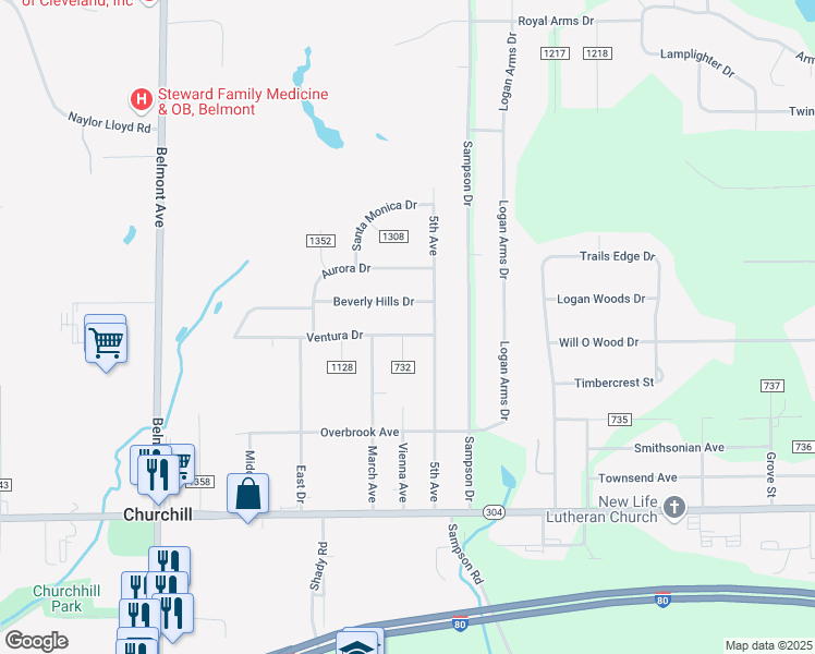 map of restaurants, bars, coffee shops, grocery stores, and more near 702 Ventura Drive in Youngstown