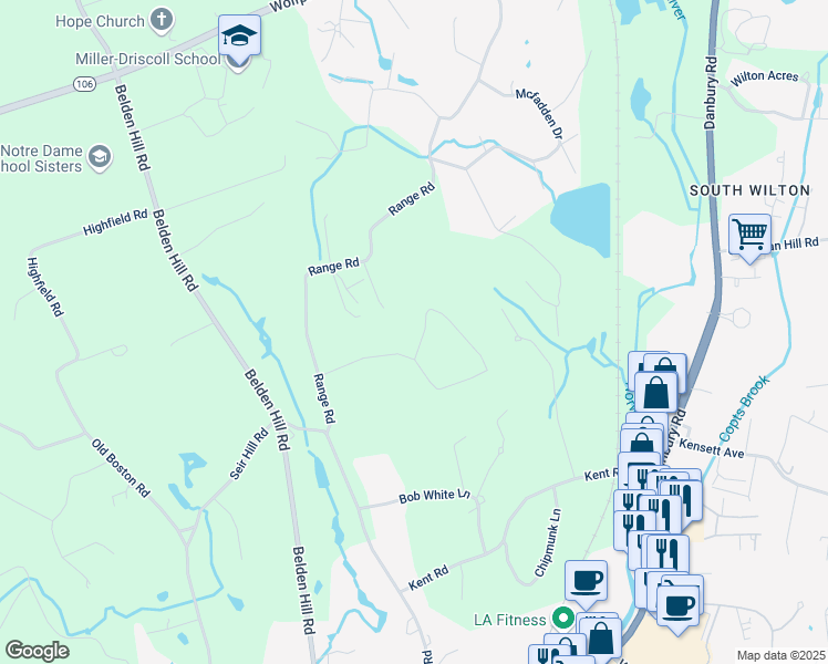 map of restaurants, bars, coffee shops, grocery stores, and more near 40 Valeview Road in Wilton