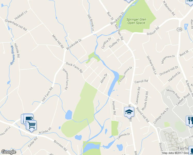 map of restaurants, bars, coffee shops, grocery stores, and more near 74 Ryegate Road in Fairfield